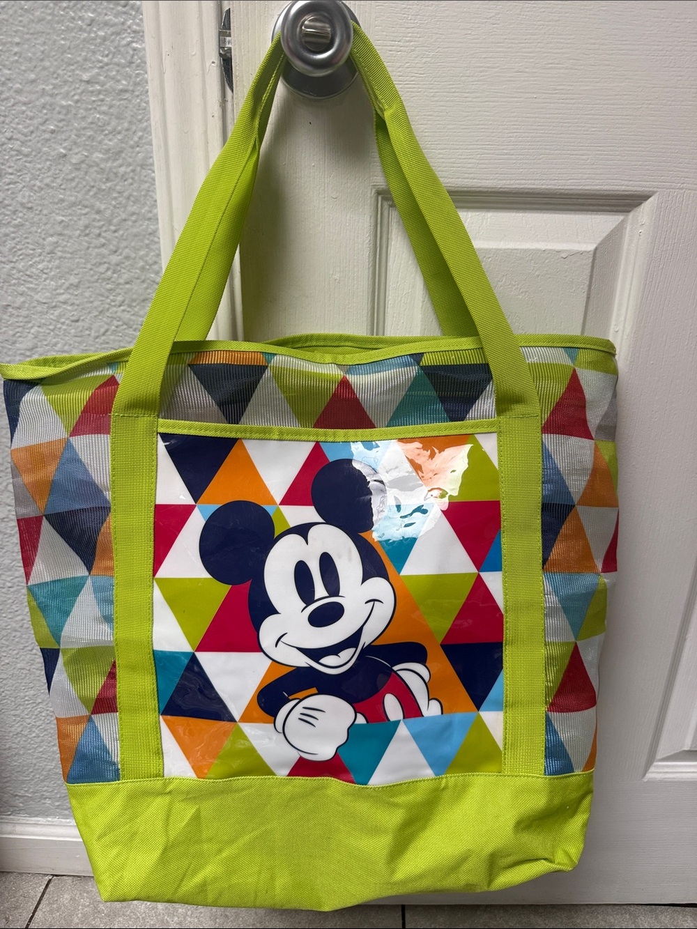 Disney Neon Green Tote with Mickey Mouse and Multicolor Triangle Print